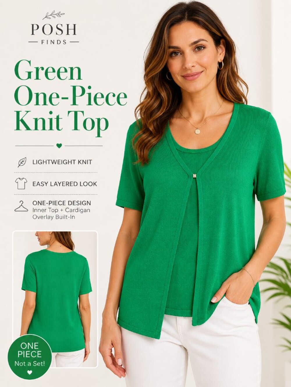 Green Short Sleeve Sweater Set Open Front Layering Top No Tags 19” P2P